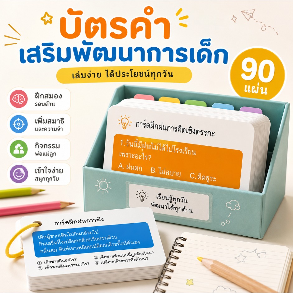 บัตรคำพัฒนาเด็ก 90 แผ่น บัตรฝึกสมาธิ ฝึกความจำ ฝึกคิดวิเคราะห์ เสริมพัฒนาการ กิจกรรมพ่อแม่ลูก
