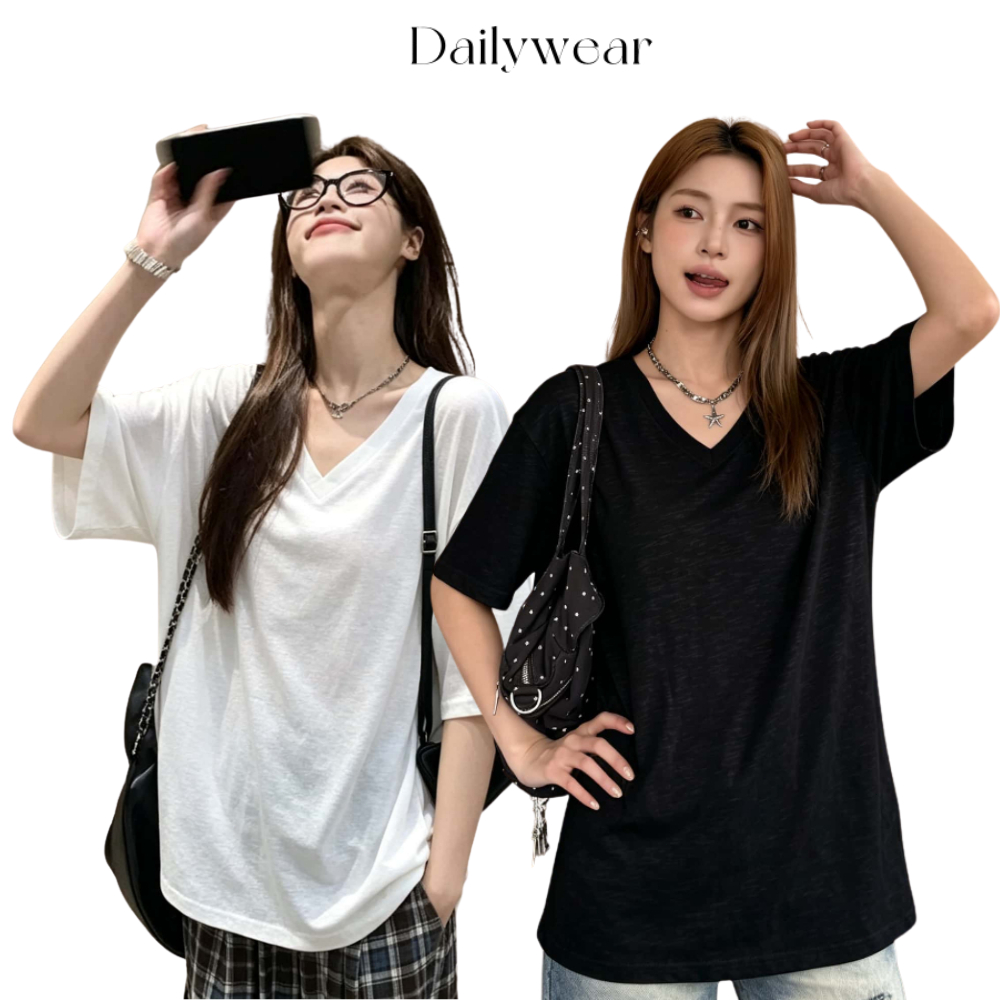 Dailywear พร้อมส่ง เกล็ดหิมะสีขาวผ้าฝ้ายคอวีแขนสั้นเสื้อยืดสำหรับผู้หญิงในฤดูร้อนอเมริกันขี้เกียจสไตล์หลวมความยาวกลางเสื