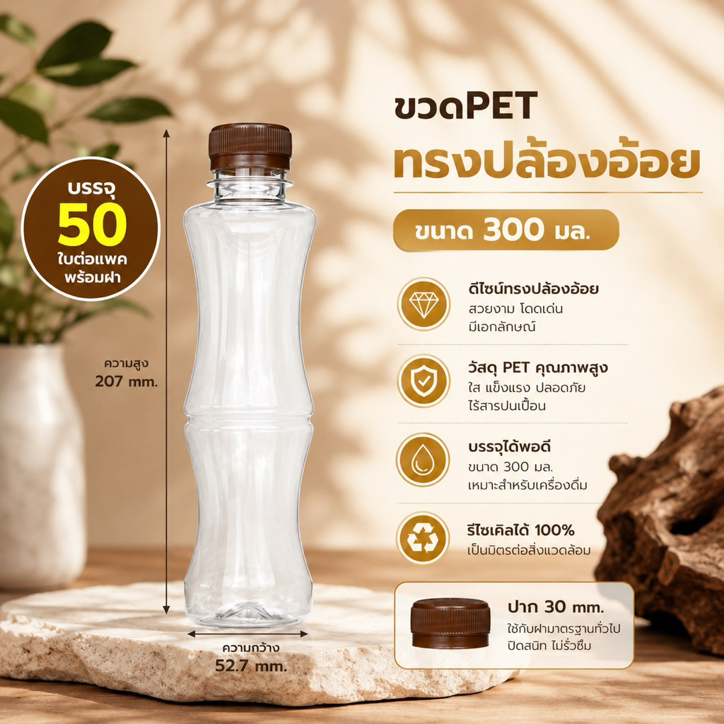 แพคเล็ก (50 ใบ) ขวดพลาสติก PET ทรงปล้องอ้อย ปริมาตร 300 ml.