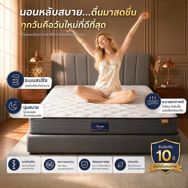 【รับประกัน 10 ปี】GreaME 8 นิ้ว ที่นอนสปริงไฮบริด เป็นมิตรกับผิว ระบายอากาศได้ดี มีความยืดหยุ่นสูง หมอนฟรี