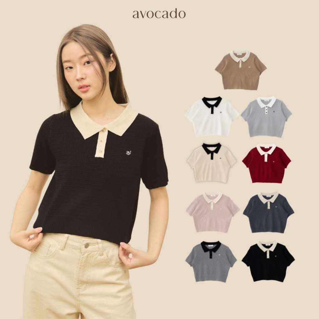 avocado - Shadow Shade Polo Tops  เสื้อโปโลทรงครอป ยืดได้เยอะ ไม่ต้องรีด I อกยืดได้ถึง 46"