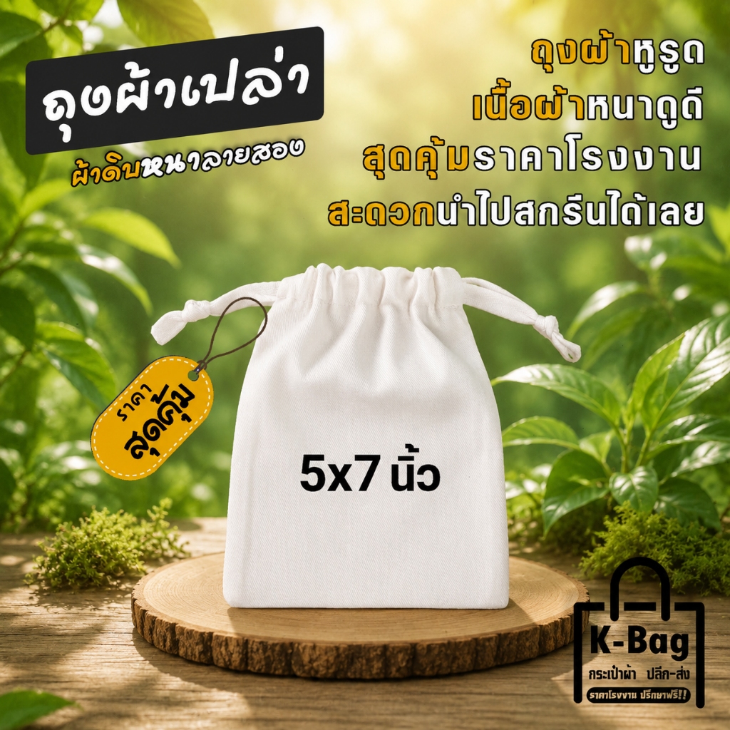ถุงผ้าเปล่า ผ้าดิบหูรูด ขนาด 5×7นิ้ว  (นำไปสกรีนได้เลย)