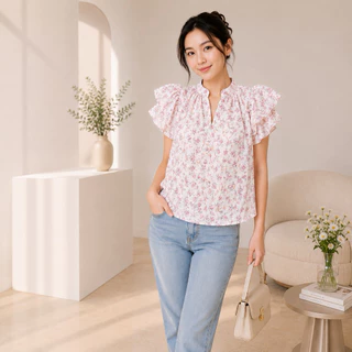 เสื้อชีฟอง แขนระบาย คอจีน ผ้าพริ้วใส่สบาย สไตล์มินิมอละ
