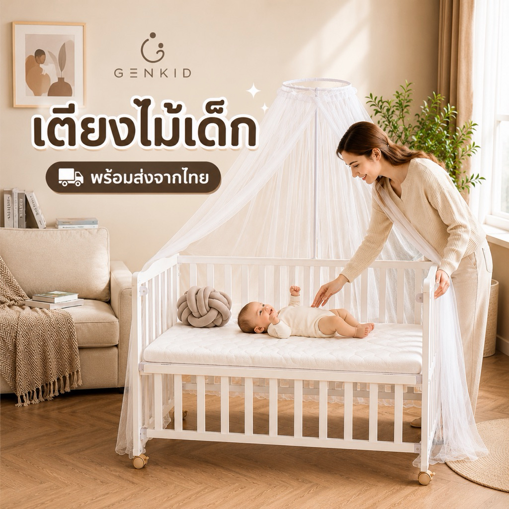 เปลเด็ก เตียงเด็กไม้สนสีขาว GENKID ต่อเตียงแม่ได้ โยกได้ มีล้อ มุ้งกันยุง พับเก็บได้ สไตล์มินิมอล