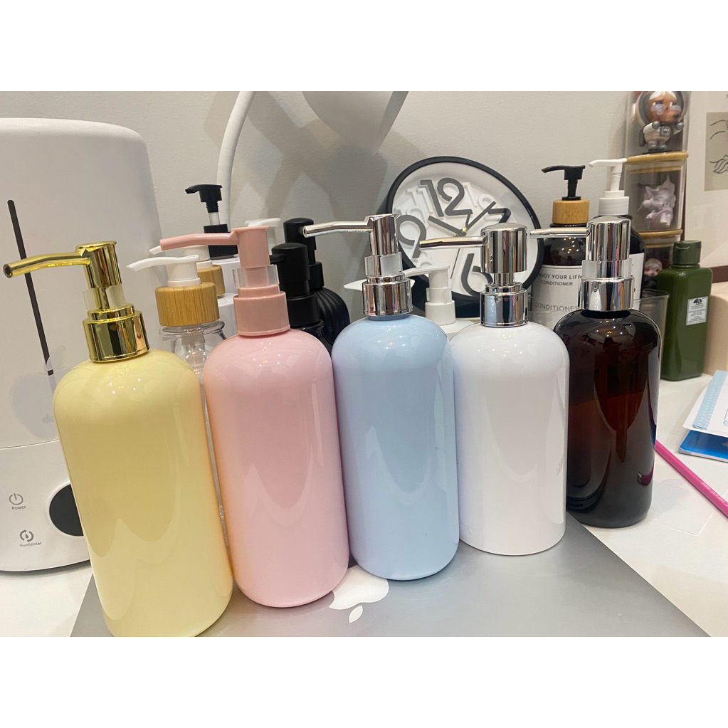 ขวดปั๊มฝากดแข็งแรง ขนาด500ml วัสดุพลาสติก PET ฝาแสตนเลท สีมาการองพาสเทลมินิมอล