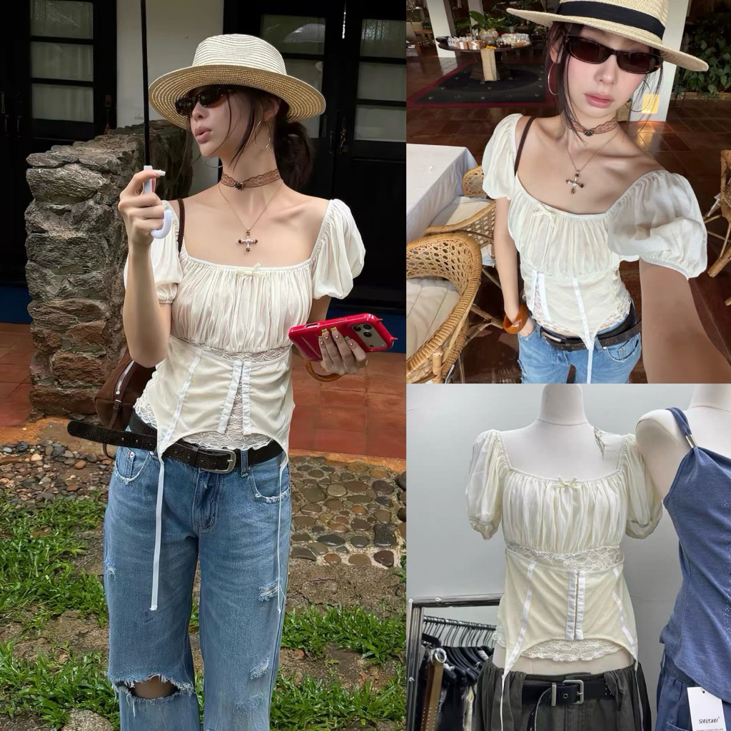 ส่งด่วน 🛵 26C311 MMFISH เสื้อคอกว้าง แขนตุ๊กตา แต่งผ้าลูกไม้