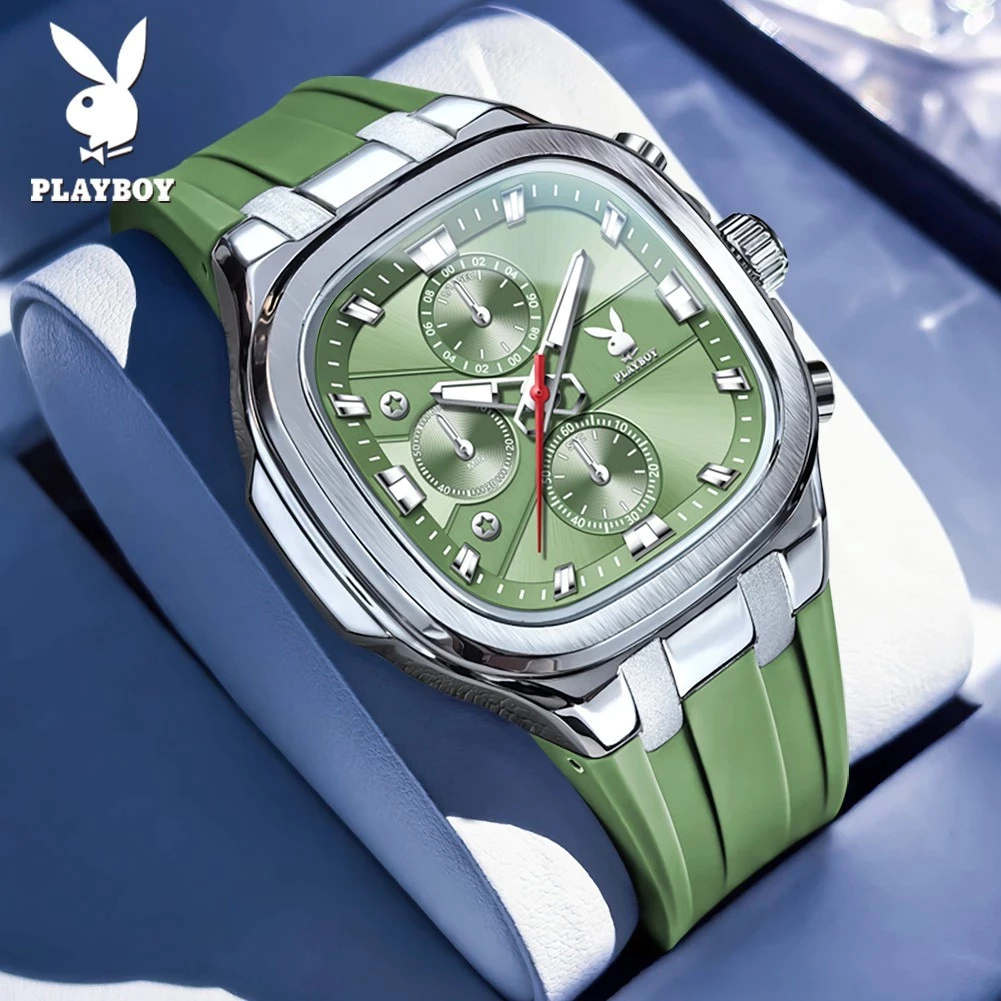 PLAYBOY ผู้ชาย นาฬิกา แท้ ยาง สายนาฬิกา กันน้ำ กีฬา หนุ่มสาว แฟชั่น สีเขียว 3076