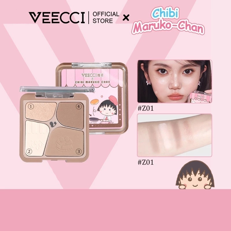 VEECCI x Chibi Maruko-Chan คอนทัวร์ ไฮไลท์ จานสี 4 in 1 ชิมเมอร์ เคลือบ บรอนเซอร์ คอนทัว 8.6g（100% ของแท้）