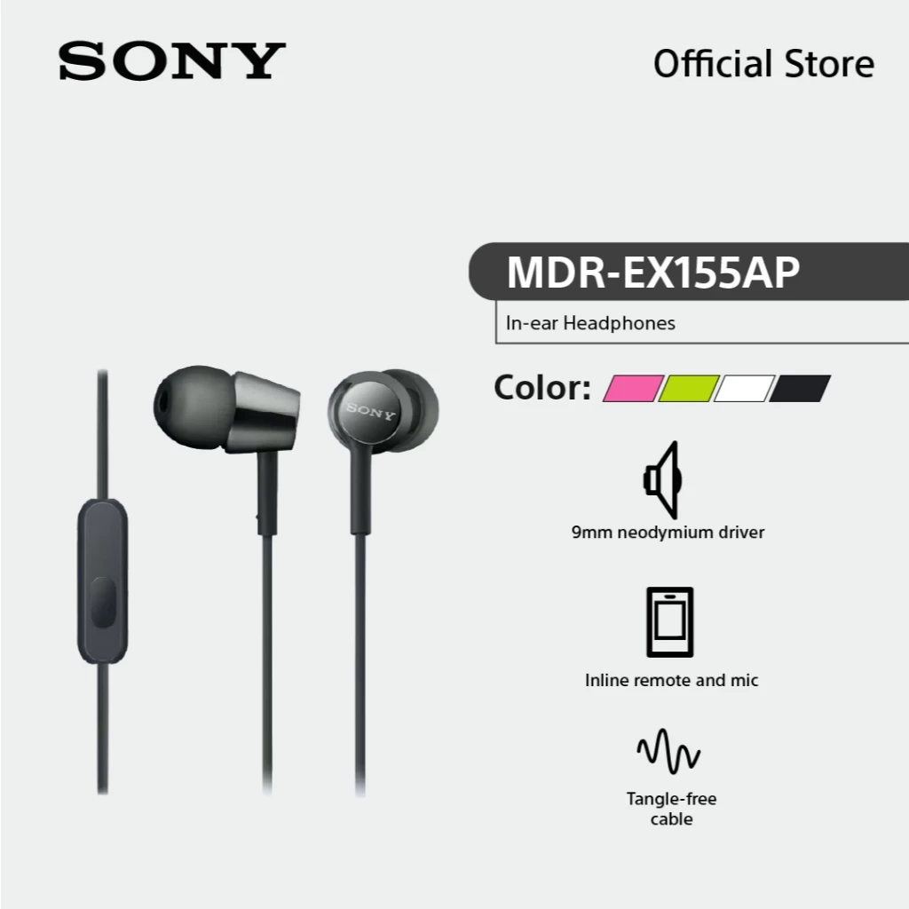 Sony หูฟัง In Ear รุ่น MDR-EX155AP | Smartphone compatible, with in-line remote mic | Y-shaped cord type, 1.2m length