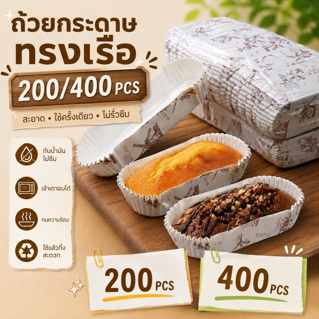 (แพ็ค 200 ชิ้น) กระทงกระดาษจีบ ถ้วยคัพเค้กทรงรี กระดาษอบขนม กระดาษรองขนมปัง