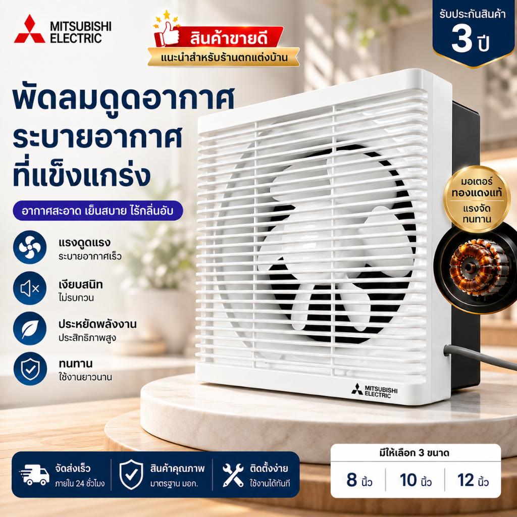 พัดลมดูดอากาศติดผนัง 8/10/12 นิ้ว พัดลมระบายอากาศ แบบฝังฝ้าเพดาน ใช้สำหรับห้องครัว ห้องน้ำ สำนักงาน 