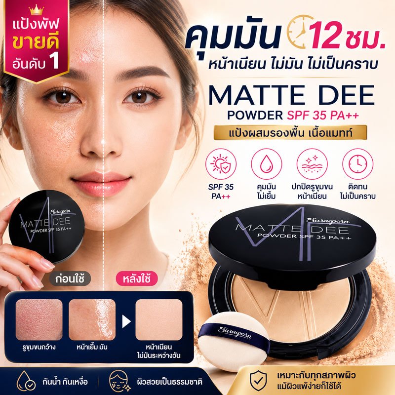 แป้งพัฟคุมมัน Matte Dee Powder SPF35 PA++ แป้งผสมรองพื้น ปกปิด ติดทน หน้าเนียน