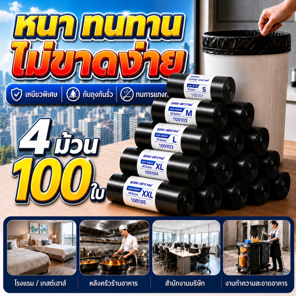 ถุงขยะสีดำ 100ใบหนา ถุงดำถุงขยะ ไร้กลิ่น เกรดA ใช้งานง่าย ราคาประหยัด