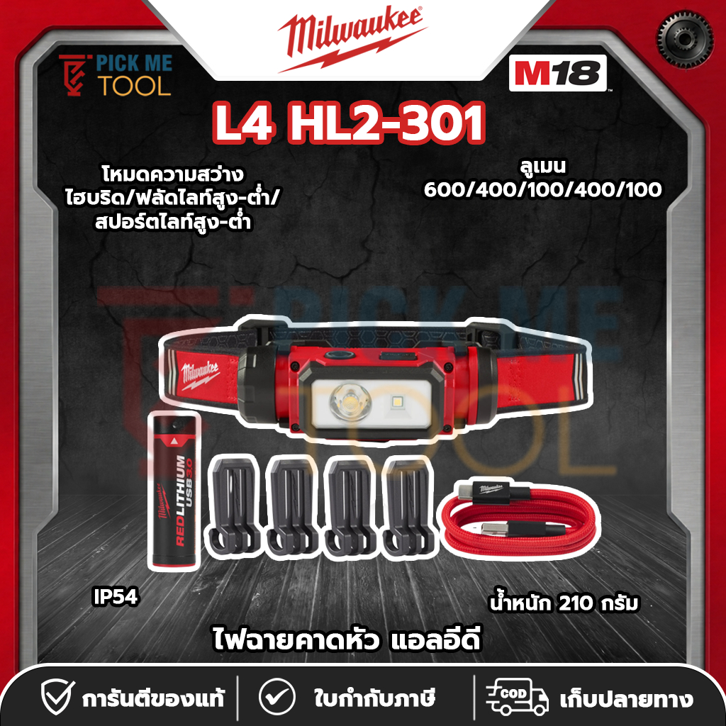 Milwaukee L4 HL2-301 ไฟฉายคาดหัว แอลอีดี