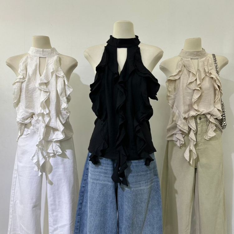 M2132 เสื้อคล้องคอแต่งระบายพริ้ว ลุคคุณหนู ดูแพง ใส่ไปคาเฟ่คือที่สุด!