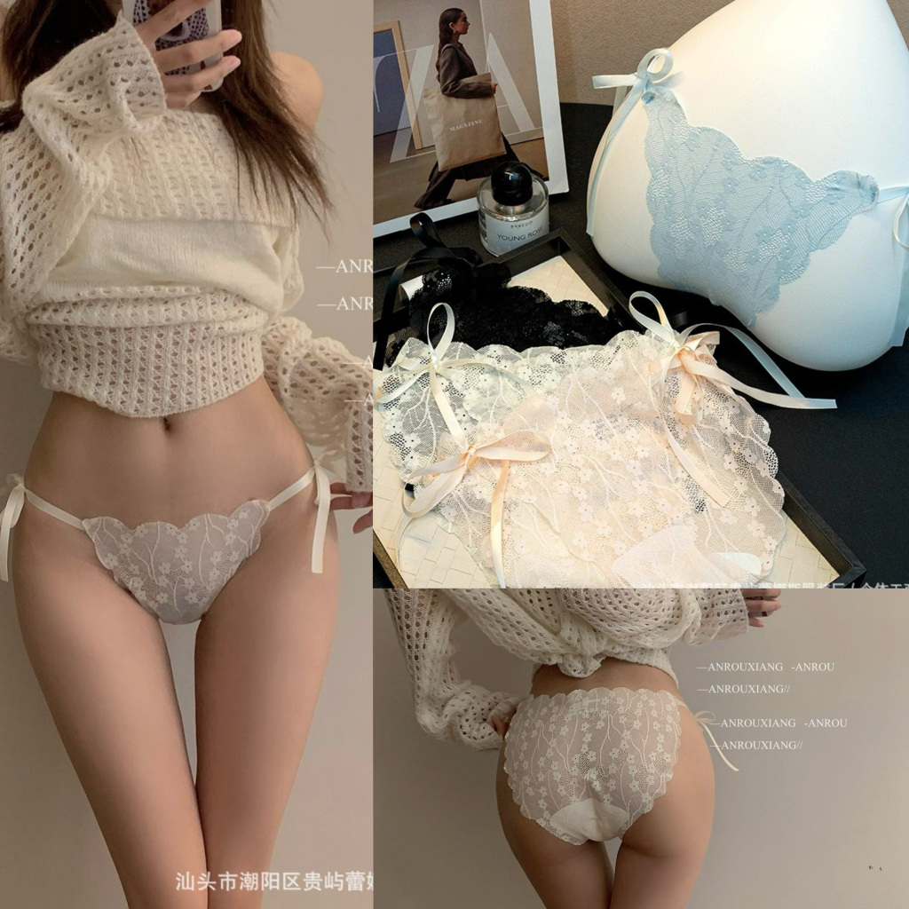 J22 กางเกงในผู้หญิง ลูกไม้ซีทรูลายดอก ผูกโบว์ข้าง ไร้ขอบ ไร้ตะเข็บ No Seam บิกินี่เซ็กซี่ ผ้านุ่ม ยืดหยุ่นดี ใส่สบาย
