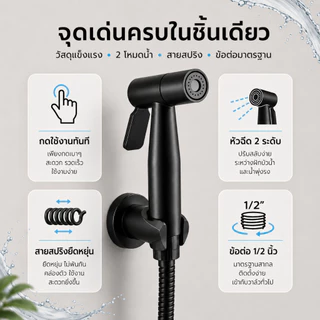 【ท่อน้ำยางยาว 120 เซนติเมตร】GRACE ชุดหัวฉีดโถส้วมสีดำ ทำจากสแตนเล304แข็งแรงและทนต่อการกัดกร่อน สามารถปรับมุมการฉีดน้ำได