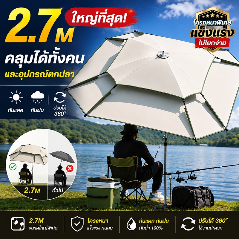 【กันแดด กันฝน กันลม MAX】ร่มตกปลา ร่มตกปลาชิงหลิว ร่มตกปลาขนาดใหญ่ 2-2.7M ยางสีดำหนาสองชั้น ขนาดใหญ่