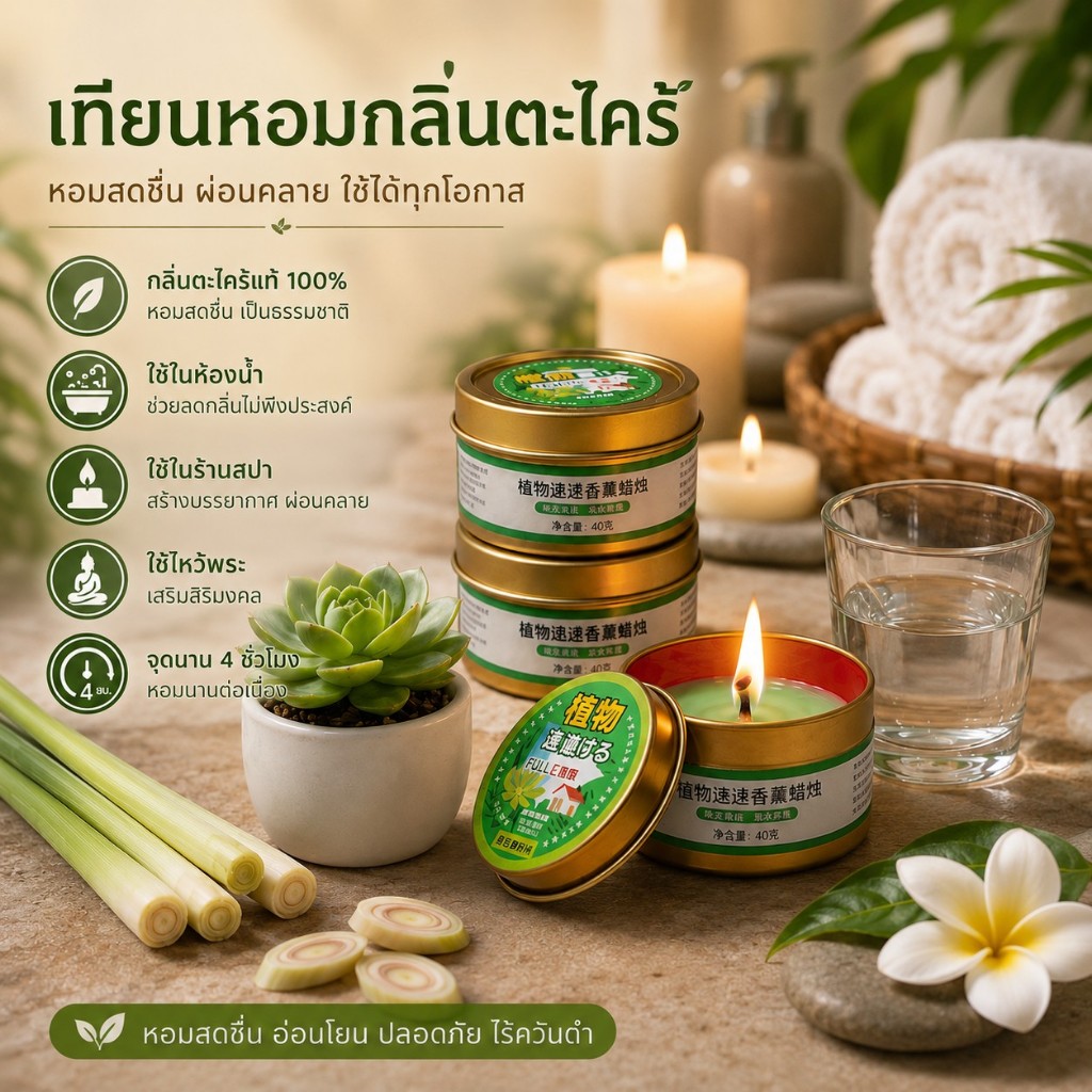 FanKe เทียนกระปุก เทียนสปา เทียนหอม กลิ่นตะไคร้ธรรมชาติ 40กรัม จุดนาน4ชั่วโมง วางได้ทุกส่วนของบ้าน