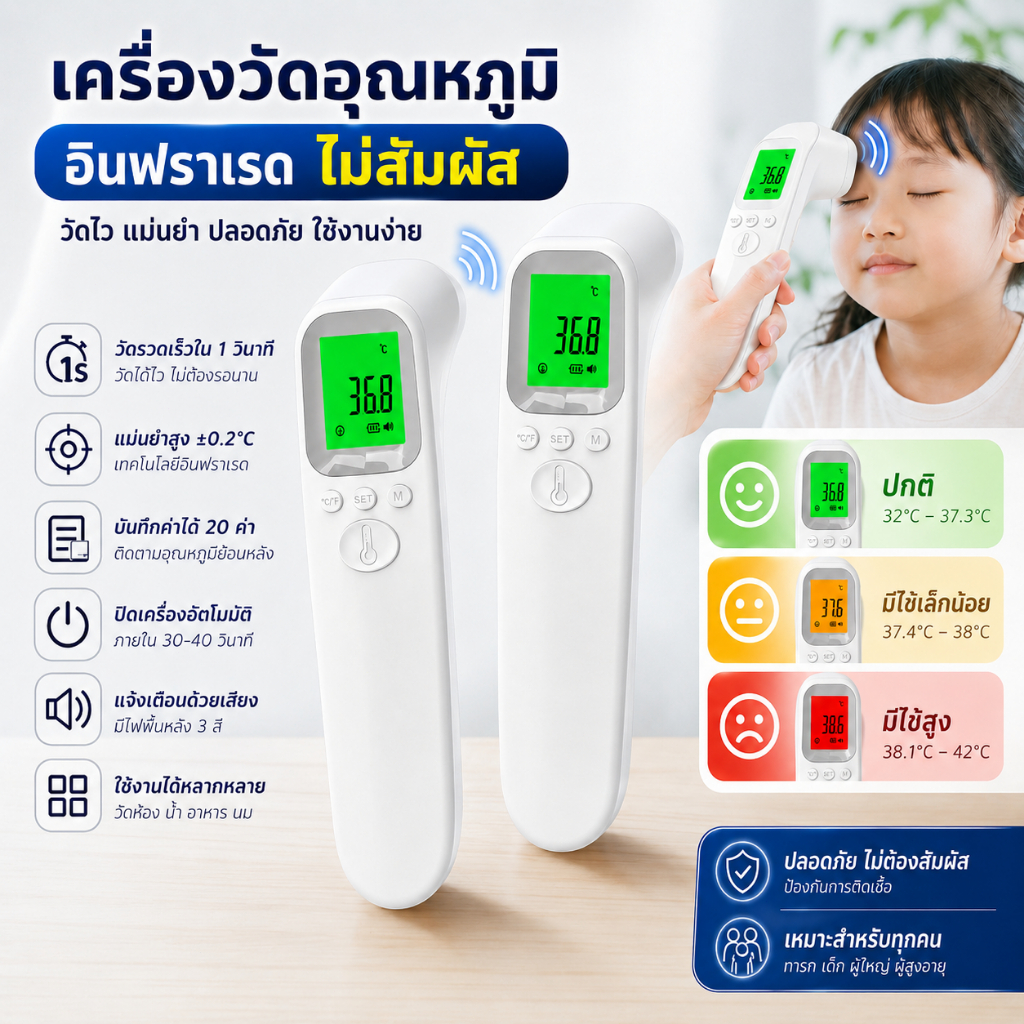ปรอทวัดไข้ดิจิตอล เทอร์โมมิเตอร์อินฟราเรด วัดหน้าผากหู แม่นยำสูง วัดได้1วินาที สำหรับเด็กผู้ใหญ่ เครื่องวัดอุณหภูมิ