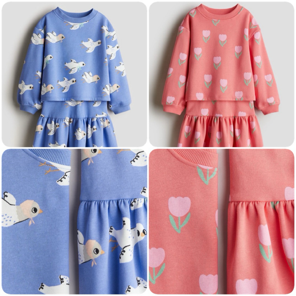 H&M ชุดเสื้อสเวตเตอร์ + กระโปรง นกสีน้ำเงิน/ดอกไม้สีแดง ไซด์ 1.5 - 6 ปี