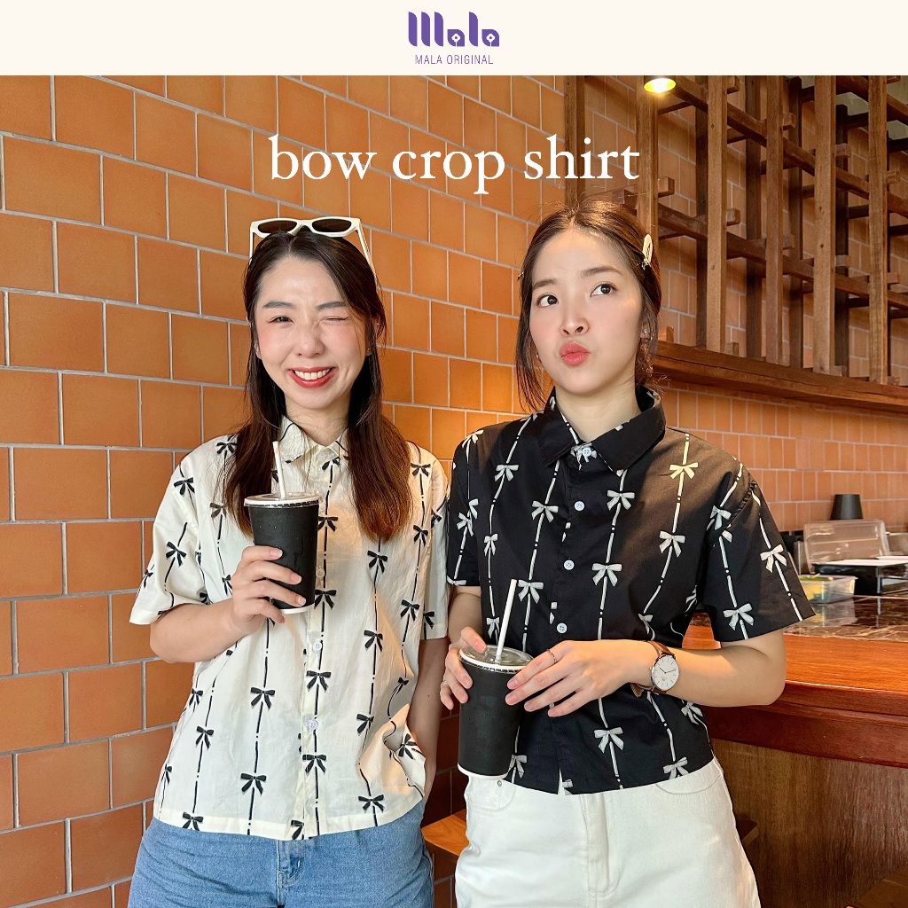 MalaOriginal |【2 สี】Bow Crop Shirt 🥨 เสื้อเชิ้ตครอป แขนสั้น ลายโบว์ คอตตอนญี่ปุ่น สุดคิ้วท์