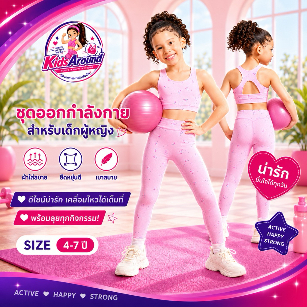🇹🇭พร้อมส่ง🇹🇭 ชุดโยคะ ชุดกีฬา ชุดออกกำลังกาย ชุดกิจกรรม สำหรับเด็กเล็ก อายุ 4-7 ปี สีชมพูลายเชอรี่ เนื้อผ้าอย่างดี