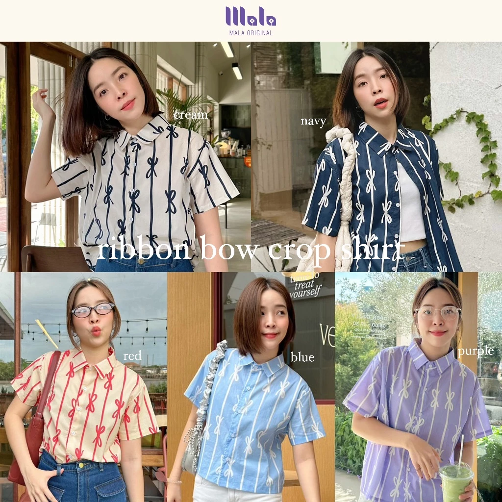 MalaOriginal |【5 สี】Ribbon Bow Crop Shirt 🥯 เสื้อเชิ้ตครอป แขนสั้น ลายริบบิ้นโบว์ สุดคิ้วท์