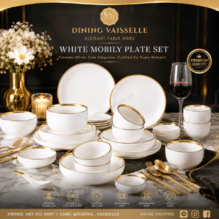 Dining Vaisselle จานชาม White Mobily Plate ขาวขอบทองสุดหรูสไตล์ยุโรป เนื้อหนาออกแบบอย่างดี