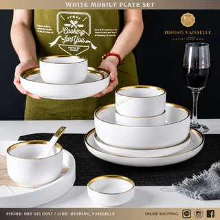 Dining Vaisselle จานชาม White Mobily Plate ขาวขอบทองสุดหรูสไตล์ยุโรป เนื้อหนาออกแบบอย่างดี