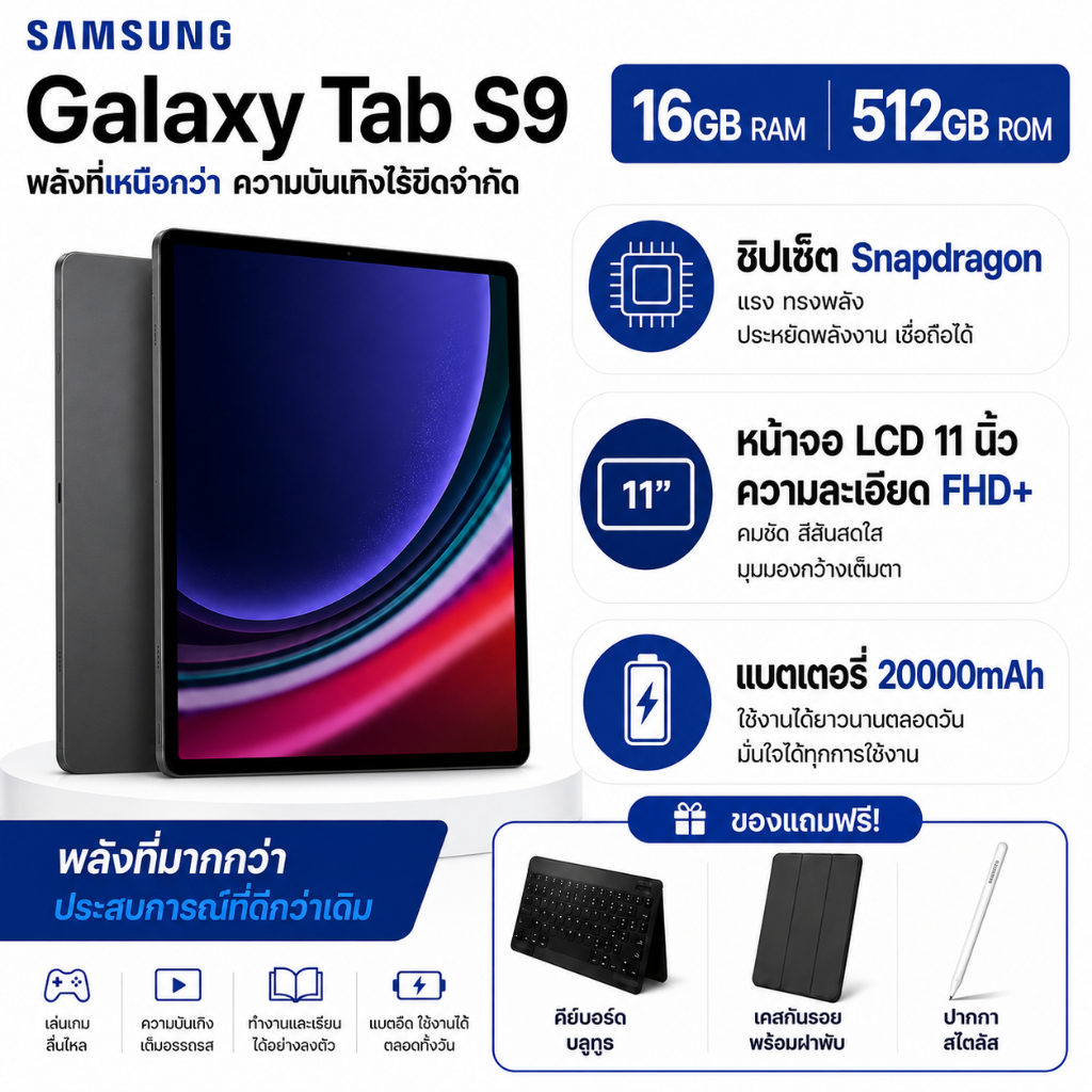 Samsung Galaxy Tab S9 แท็บเล็ต 11นิ้ว RAM16GB ROM512GB Snapdragon แบต20000mAh โทรได้ ใส่ซิม จอใหญ่ Android Tablet เล่นเก