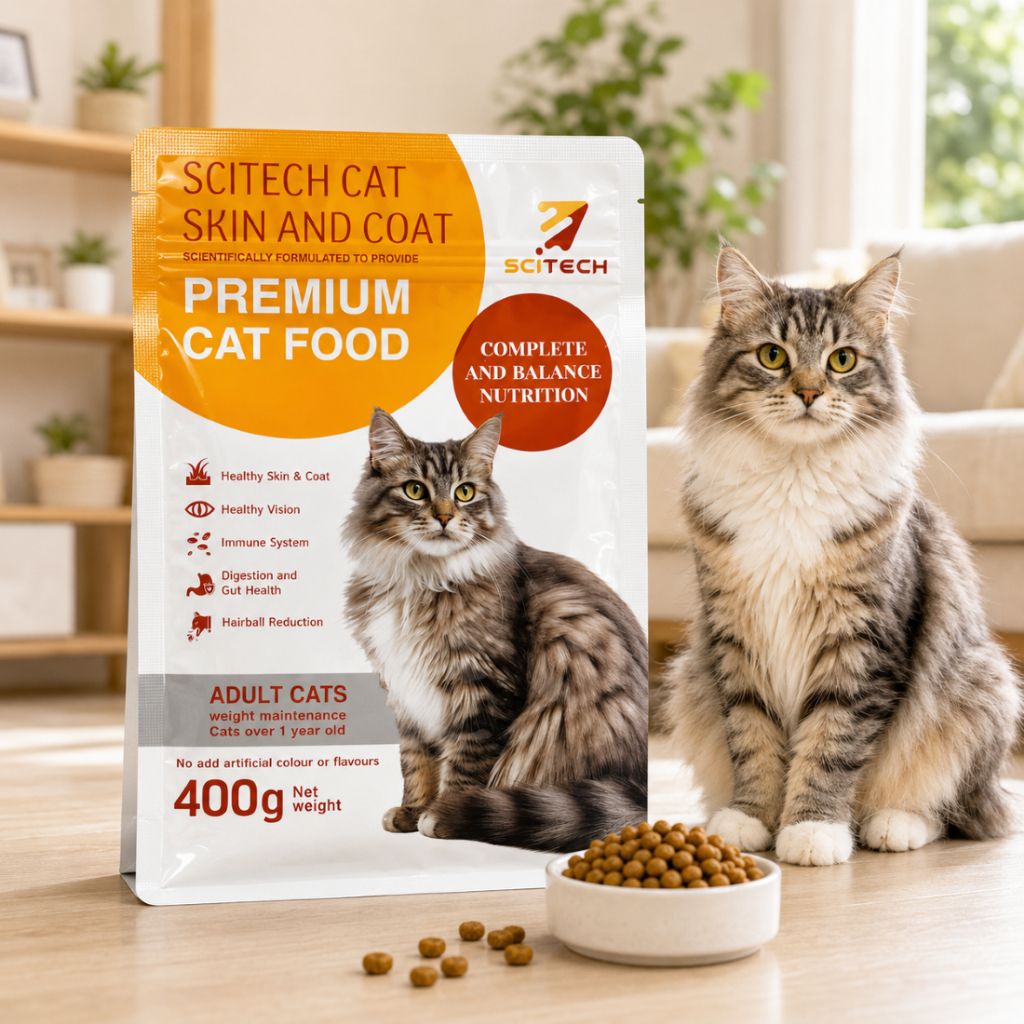 SciTECH CAT SKIN&COAT 400g อาหารเเมวเเบบเสริมโภชนาการสําหรับเเมวต้องการบํารุงผิวเเละขน
