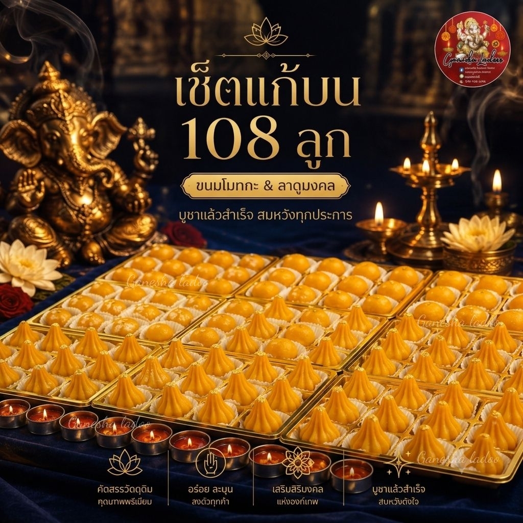 ขนมลาดูโมทกะ 108 ลูก (40 กรัม) ขนมถวายพระพิฆเนศ ขนมแก้บน ของถวายพระพิฆเนศ ถวายเทพฮินดู