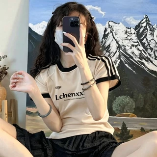 เสื้อยืดลายทางต่อชิ้น สไตล์อเมริกัน ทรงกระชับซ่อนหุ่น ตัวสั้นสไตล์สาวเปรี้ยว ผู้หญิงฤดูร้อน