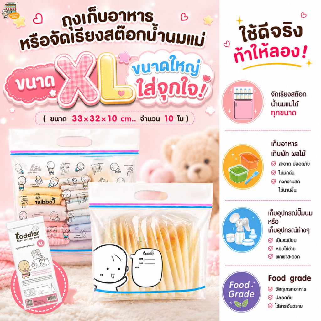 ถุงจัดเรียงสต๊อกToddler ขนาดใหญ่ XL 33×32×10cm (มีหูหิ้ว ก้นกว้างวางตั้งได้) มี10 ใบ จัดเก็บของสะดวก
