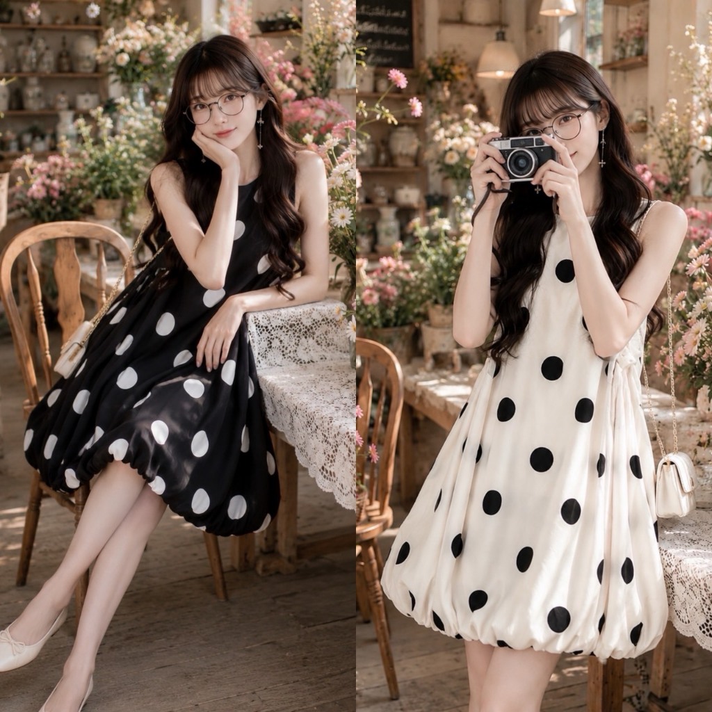 Polkadot Dress ⚫️⚪️เดรสลายจุดน่ารักเกาหลีเกาใจ ดีเทลเดรสแขนกุด