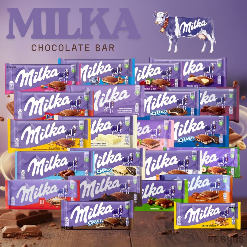 Milka Milk Chocolate bar มีส่วนผสมของนม Alpen 100% น้ำหนัก 80-100 กรัม มี 22 รส สินค้าจากเยอรมัน
