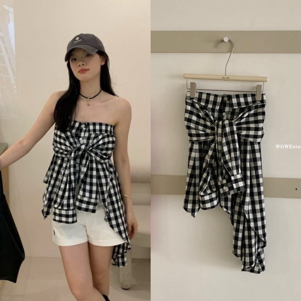 8384# เสื้อเกาะอกลายสก็อต หลังสมอค  TAG:WG.WE 🇰🇷