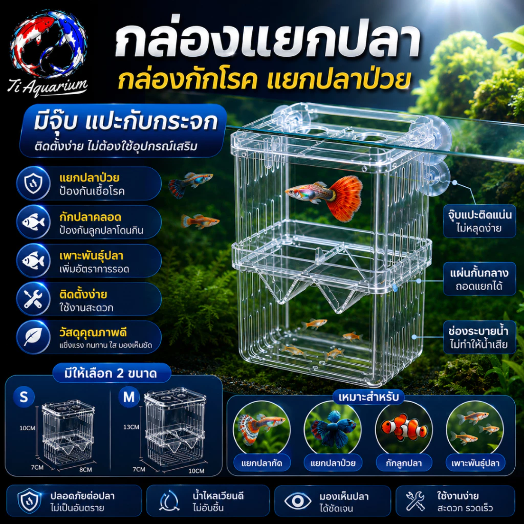 กล่องแยกปลา ติดกระจกด้านในตู้ปลา ด้วยจุ๊บยางใช้แยกปลาป่วย ปลาที่ต้องการดูแลเป็นพิเศษ