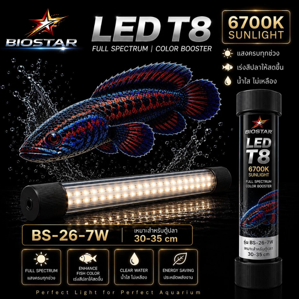 หลอดไฟใต้น้ำT8 BIOSTAR LED T8 6700K SUNLIGHT เปลี่ยนตู้ปลาธรรมดา ให้สวยโดดเด่นในทันที! ขนาด BS-26/36/52/72/92