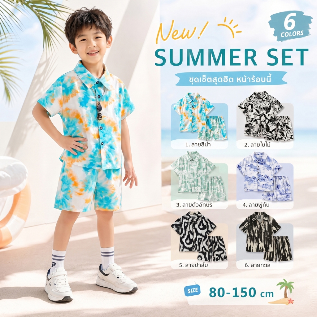 ชุดเซ็ทเด็ก ชุดเซ็ตเสื้อ+กางเกง เหมาะ สำหรับเด็กชาย ชุดวันหยุดพักผ่อนชายหาดพิมพ์ลาย เหมาะสำหรับเด็ก"DA-G"
