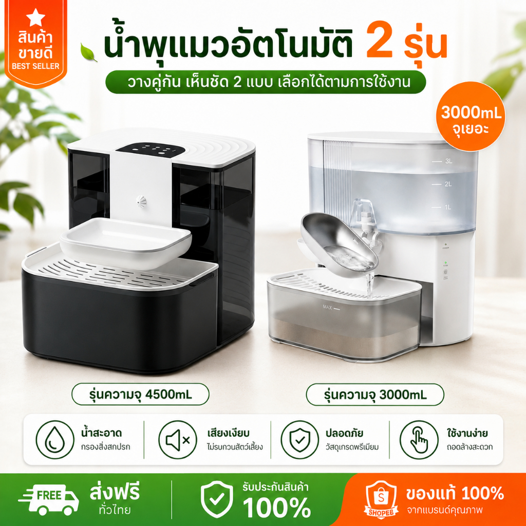 น้ำพุแมว น้ำพุสัตว์เลี้ยง 3L น้ำพุสัตว์เลี้ยงอัตโนมัติ น้ำพุแมวไร้สาย ระบบเซนเซอร์ มีแบตเตอรี่ในตัว