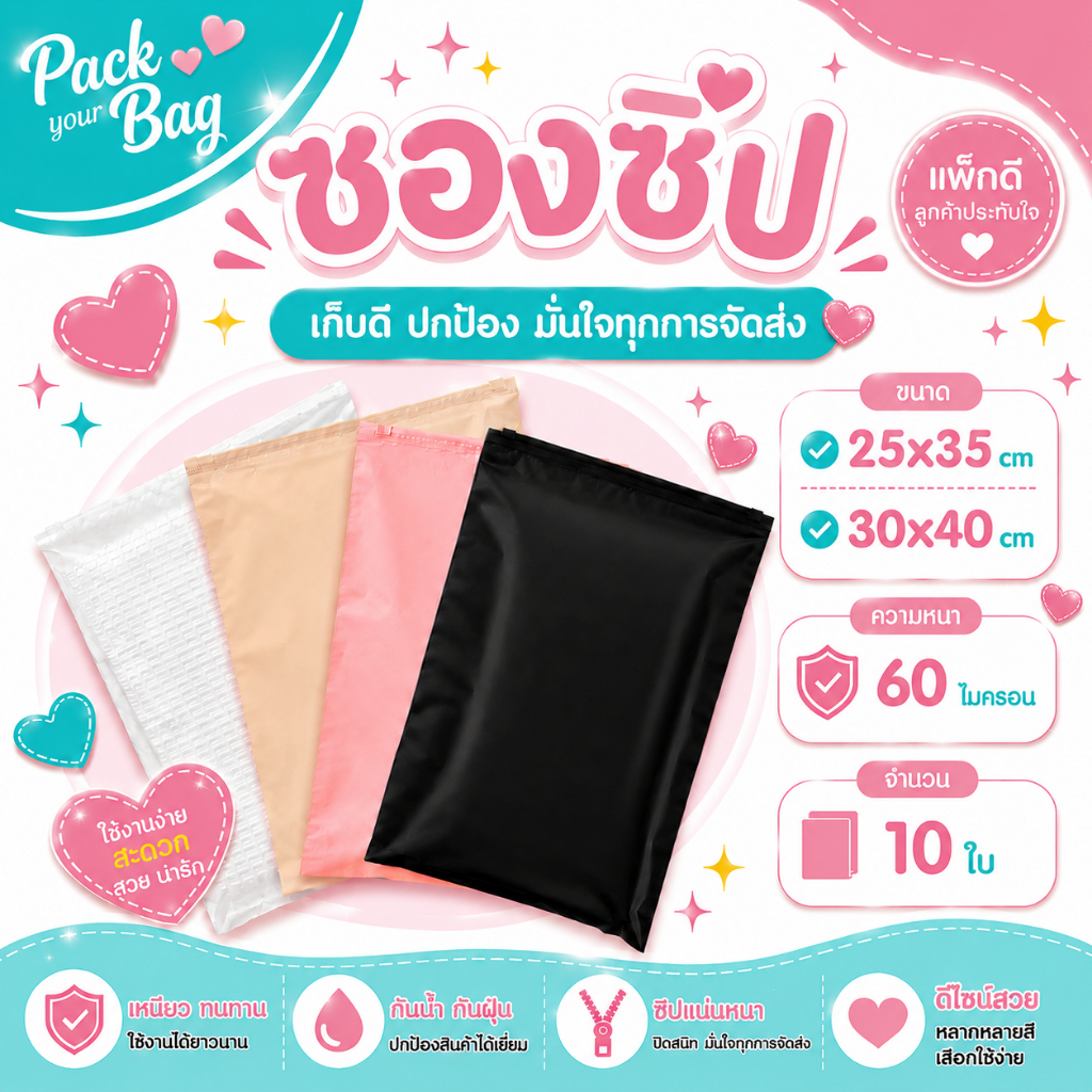 ถุงซิป (PACK 10 ใบ) ถุงอเนกประสงค์ ถุงเก็บเสื้อผ้า ซองซิปรูด เนื้อนุ่ม สำหรับแพ็คเสื้อผ้า