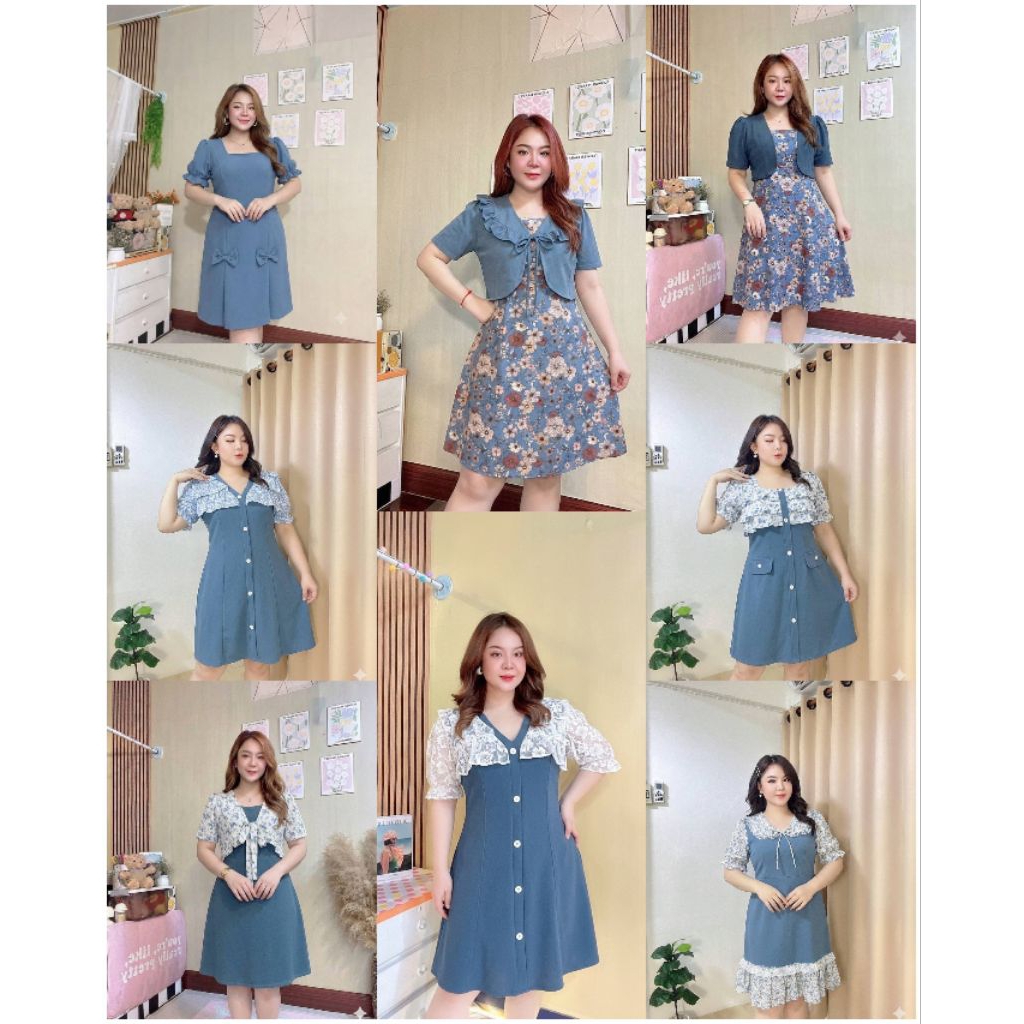 ชุดเดรสผ้ายืดวูลเวฟ งานสาวอวบ  งานสีฟ้า ผ้ายืดวูลเวฟ  รอบอก 40-48 นิ้ว