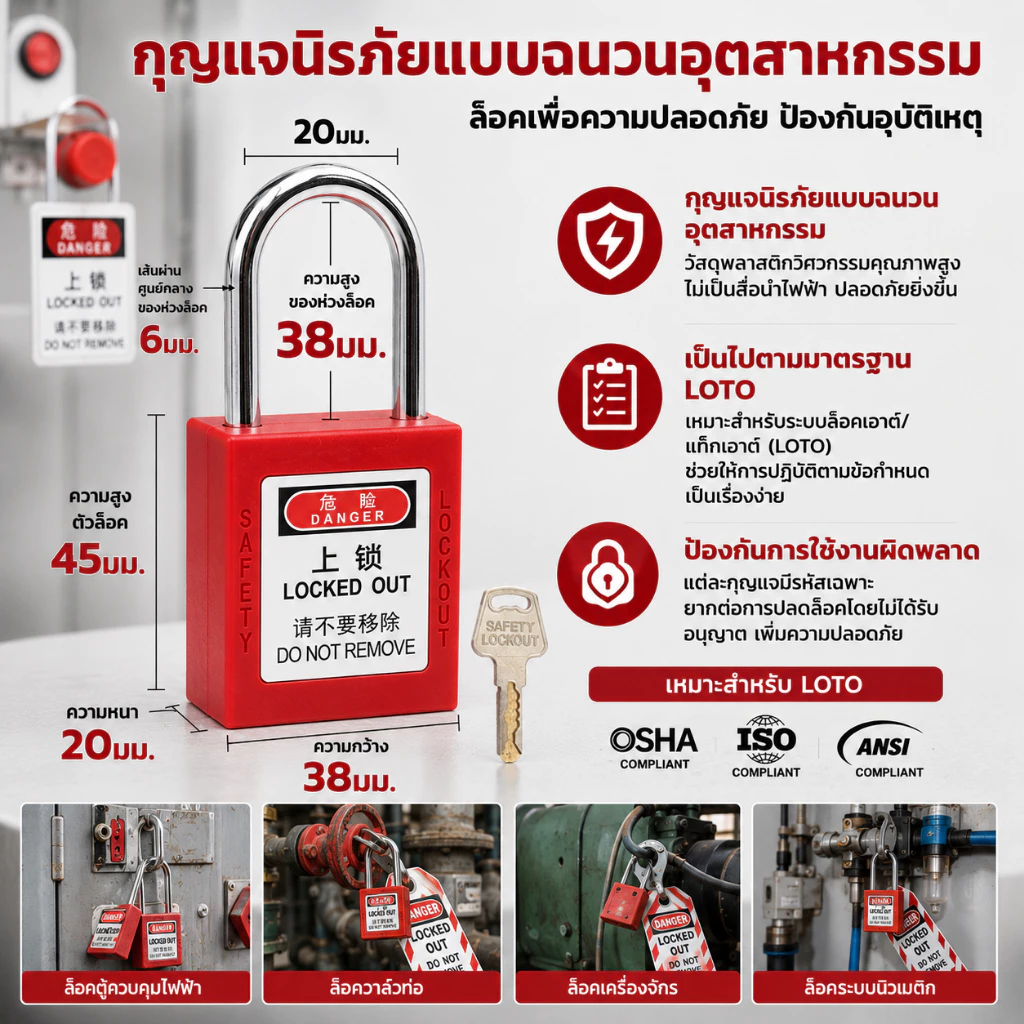 【Lockout/LOTO】38 มม padlockกุญแจนิรภัยสแตนเลสแข็งแรง อุปกรณ์เซฟ สีแดง กุญแจเซฟตี้ LOTO ล็อกอุปกรณ์ไฟฟ้า