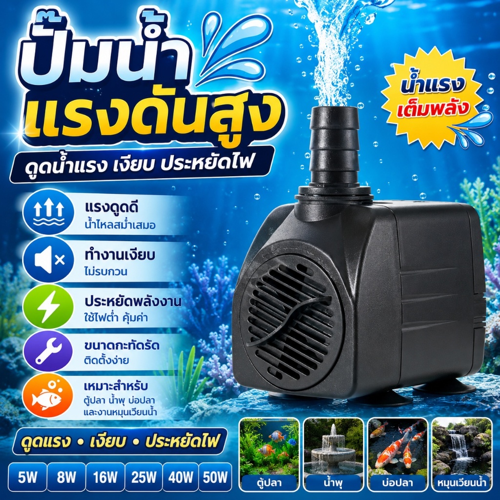 ปั้มน้ำ ตู้ปลา 5W-50Wปั๊มน้ำขนาดจิ๋ว ปั๊มแช่ ปั๊มตู้ปลา ปั๊มน้ำขนาดเล็ก ปั๊มน้ำพุ ไม่มีเสียงรบกวน เหมาะสำหรับน้ำพุแมว