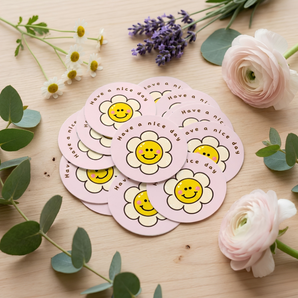 สติ๊กเกอร์วงกลม [Have a nice day] ลายดอกไม้+การ์ตูนน่ารักๆ สติ๊กเกอร์แต่งแพ็คเกจ PP กันน้ำ 100/105 ดวง