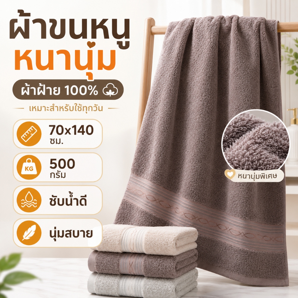 ผ้าเช็ดตัว 70x140 ซม. ผ้าขนหนูอาบน้ำ Cotton 100% หนา 500g นุ่มสบาย ซับน้ำดี ใช้ได้ทุกวัน