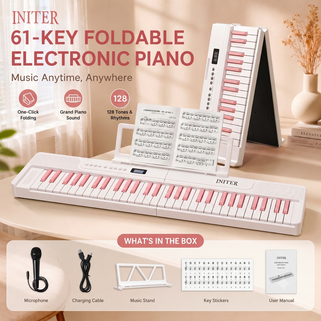 Piano Elektronik,INITER B151 61-Key Foldable Electronic Piano Keyboard with Rechargeable Battery