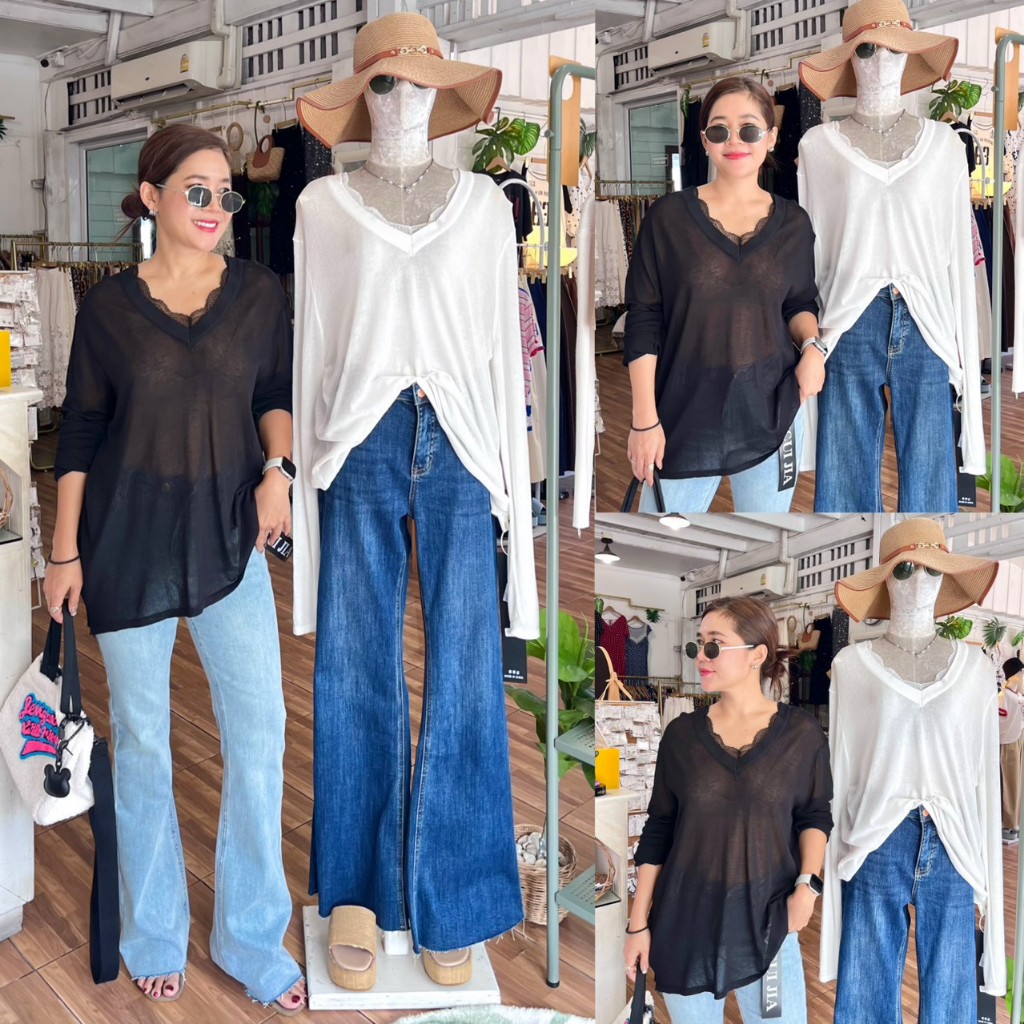 5-613PS เสื้อสลาฟแขนยาวคอวีคอลูกไม้